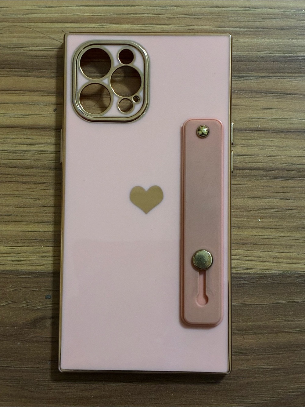 Pink Heart Phone Case with Gold Accents and Hand Strap
